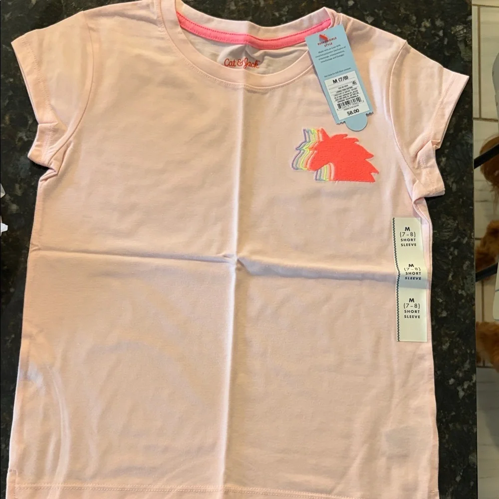 Cat & Jack Light Pink Short Sleeve Tee with Neon Unicorn Patch